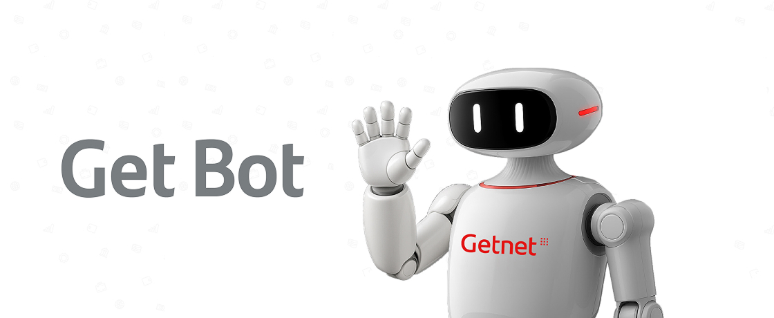 Robot GetBot saludando a cámara con rótulo de Getnet